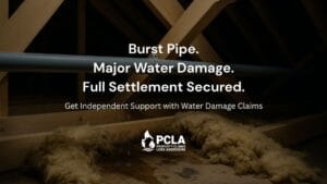 Burst Pipe. Major Water Damage. Full Settlement Secured. PCLA provide Independent Support with Water Damage Claims.