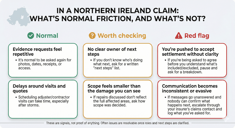 Six cards grouped under Normal, Worth checking, and Red flag, describing common patterns in a Northern Ireland home insurance claim such as evidence requests, scheduling delays, unclear ownership of next steps, scope concerns, pressure to agree without clarity, and inconsistent communication.