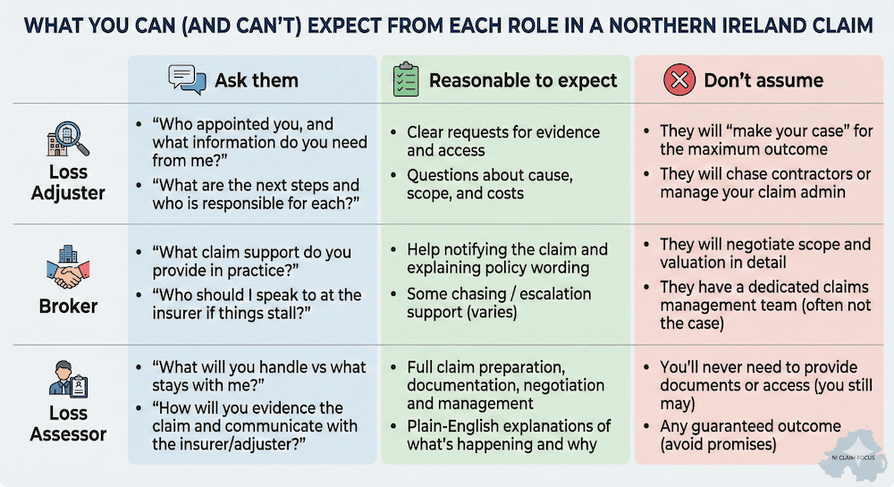 Table showing expectations by role in a Northern Ireland insurance claim: what to ask, what is reasonable to expect, and what not to assume for loss adjusters, brokers, and loss assessors.