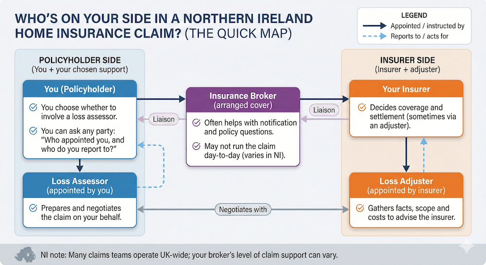 Diagram showing a Northern Ireland home insurance claim map: the policyholder appoints a broker (for arranging cover) and may appoint a loss assessor; the insurer may appoint a loss adjuster; the adjuster reports to the insurer; the loss assessor acts for the policyholder.