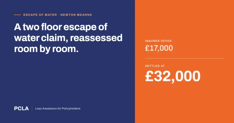 PCLA case study: a Newton Mearns escape of water claim where the insurer offered £17,000 and the claim settled at £32,000